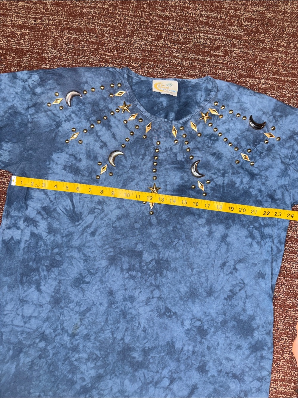Blue tie dye metallic embelished lunar sky sun & moon detail tunic top free size - Picture 9 of 13